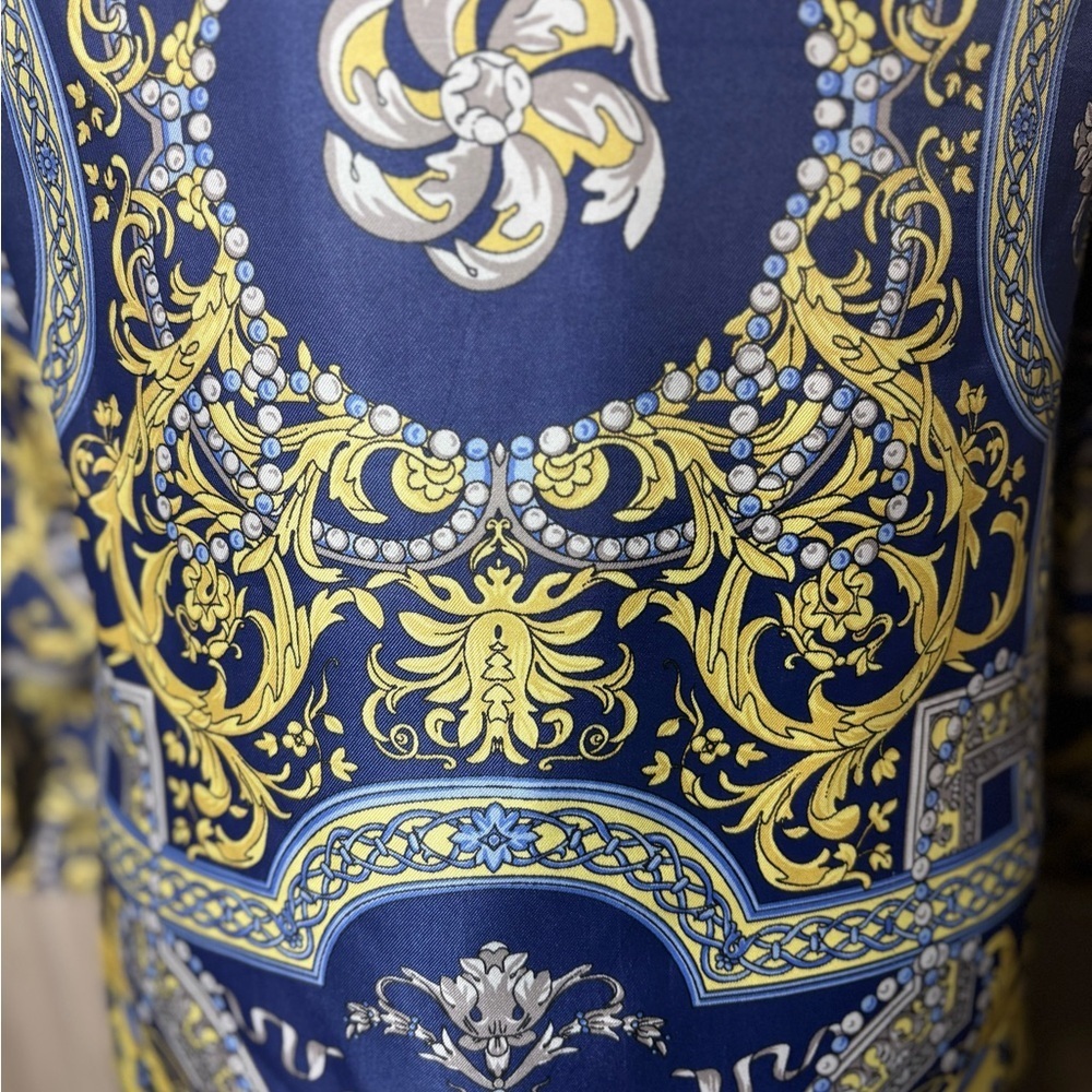 J. McLaughlin Faberge Con Lois Silk Blend Blouse Navy and Gold - Picture 8 of 11